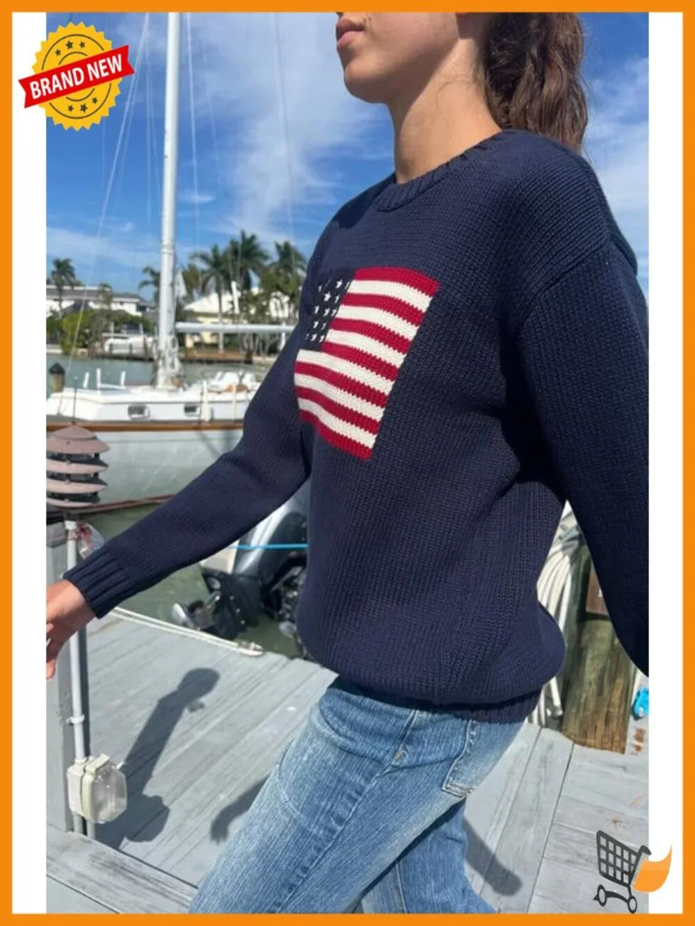 American Flag Crew Neck Loose Fit Knit Pullover Sweater